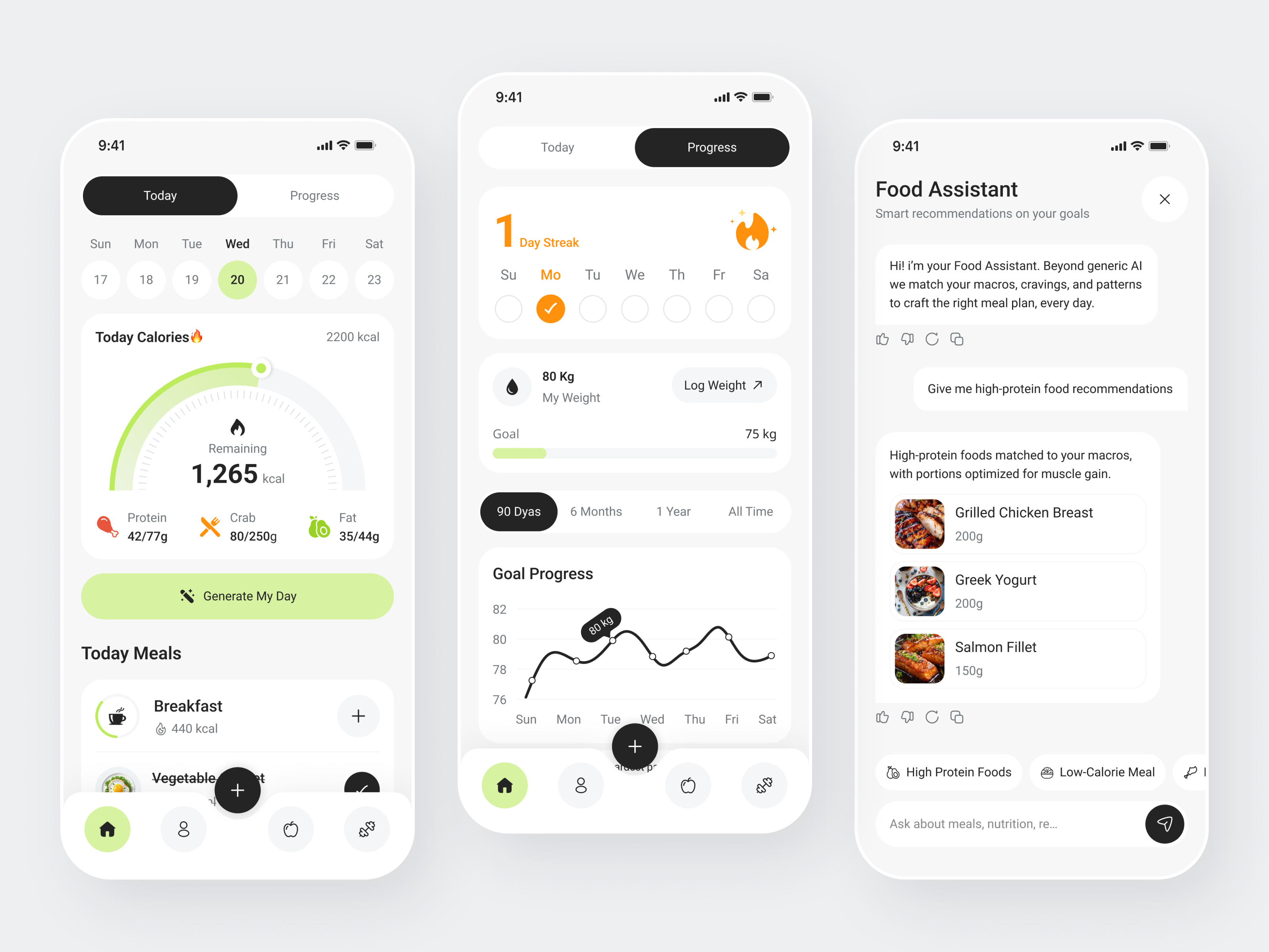 AI-Powered Nutrition & Fitness Tracking App ai ux calorie tracker chat ui clean design daily goals data visualization fitness app food assistant habit tracking health app health tracking ios app lifestyle app mobile mobile app design mobile designer nutrition app progress tracking smart assistant wellness app