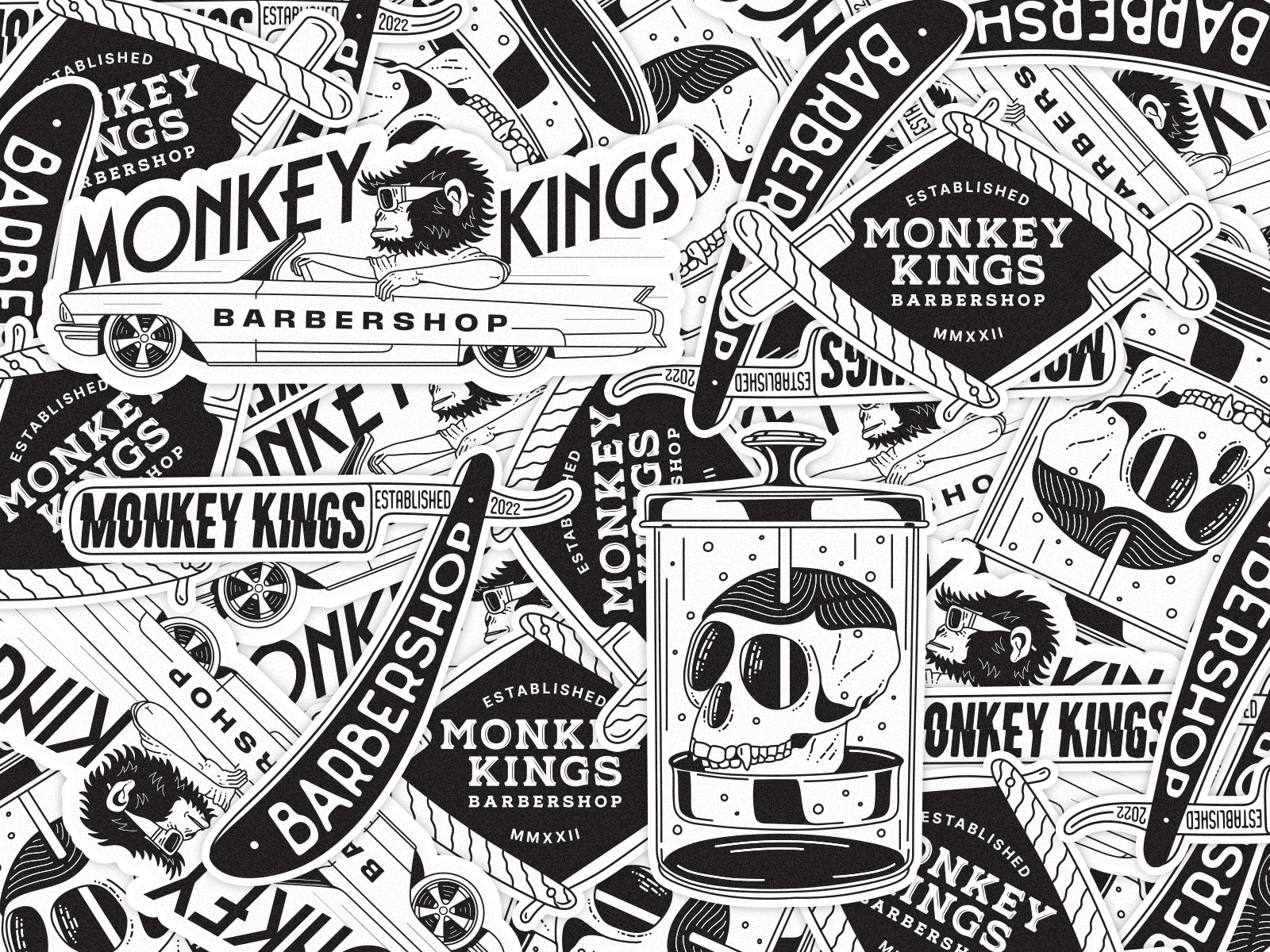 Monkey Kings Barbershop sticker pack barbershop illustration monkey monkey skull razor sticker pack stickers vintage