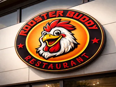 Rooster Buddy Restaurant Logo | Mascot Food Brand badge logo bold logo design cafe logo cartoon mascot chicken logo fast food branding food brand identity food logo mascot logo modern mascot logo restaurant logo rooster logo
