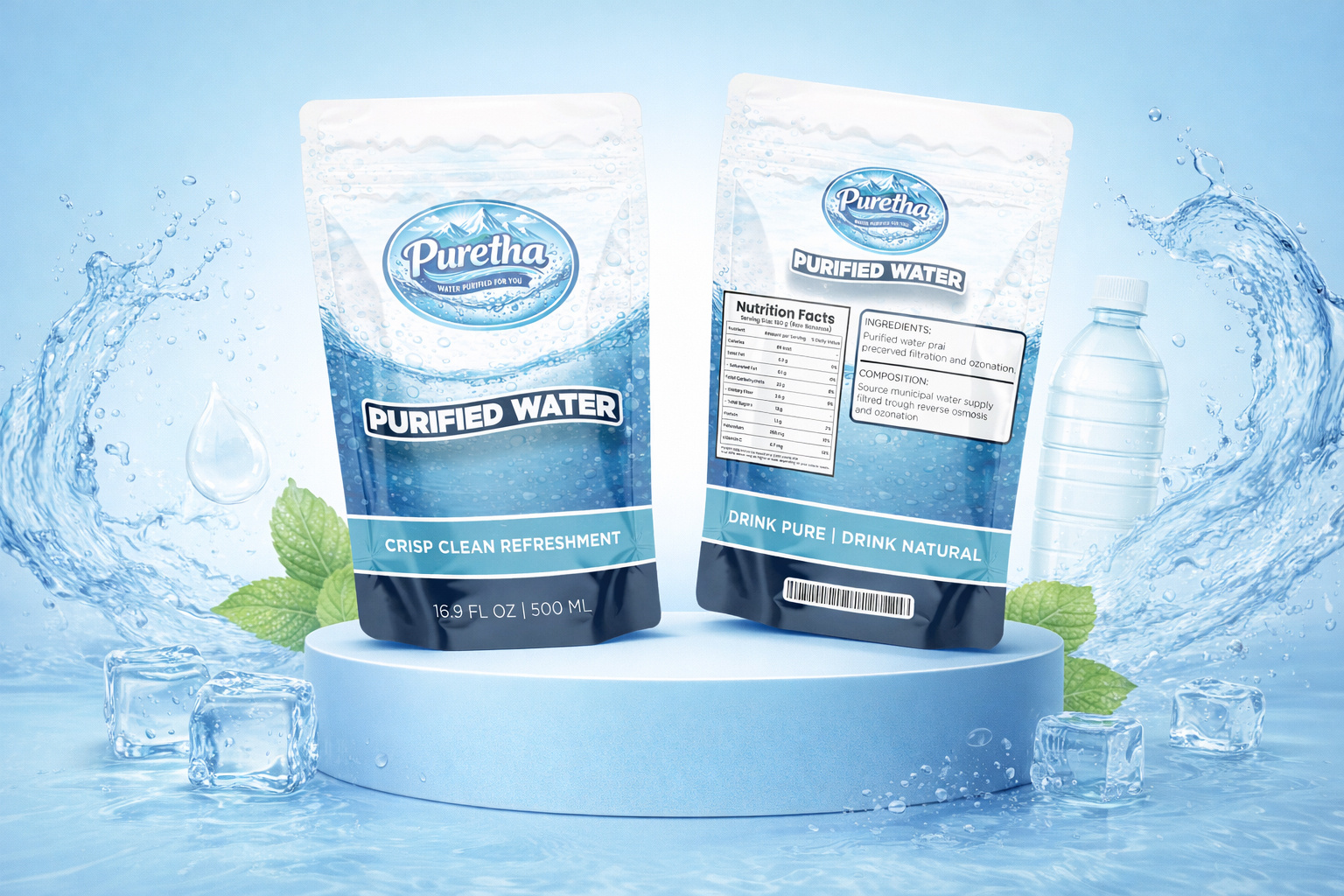 Puretha – Purified Water Pouch Packaging 3d beverage brandidentity branding fmcg graphicdesign illustrator labeldesign mockup packaging packagingdesign photoshop pouch productdesign puretha purified water spoutpouch water webdevhabib