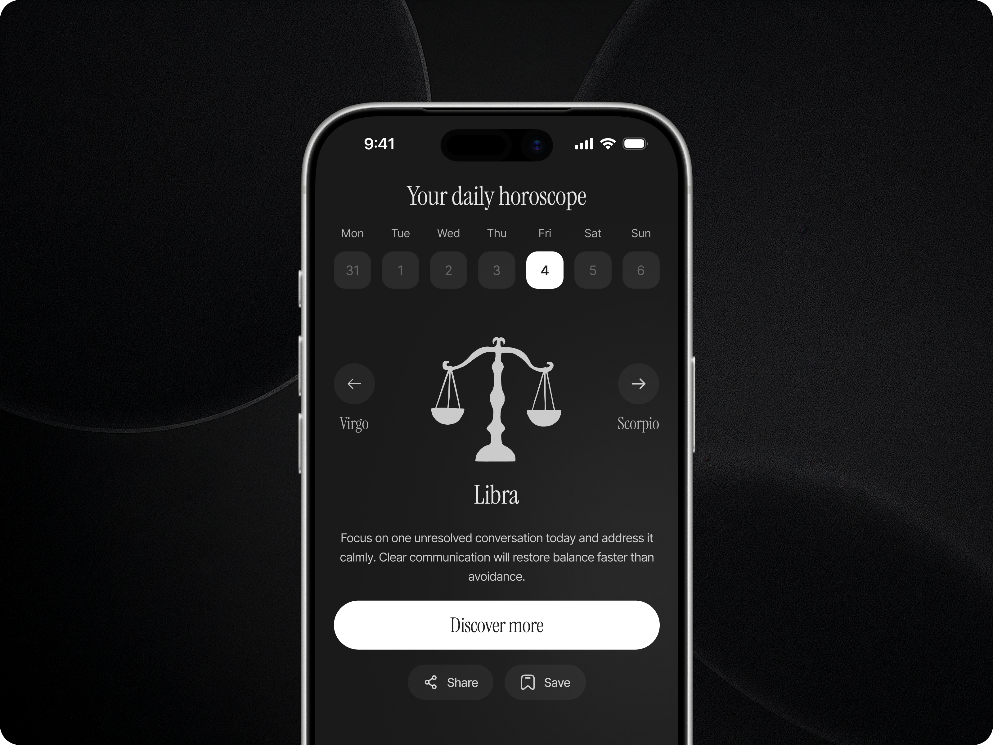 Astrology App · Daily Horoscope Screen ai astrology app clean design daily horoscope dark mode ui editorial editorial ui elegant horoscope app ios app design minimal ui mobile app mobile app design premium app design product design ui ui design ux ux design zodiac signs