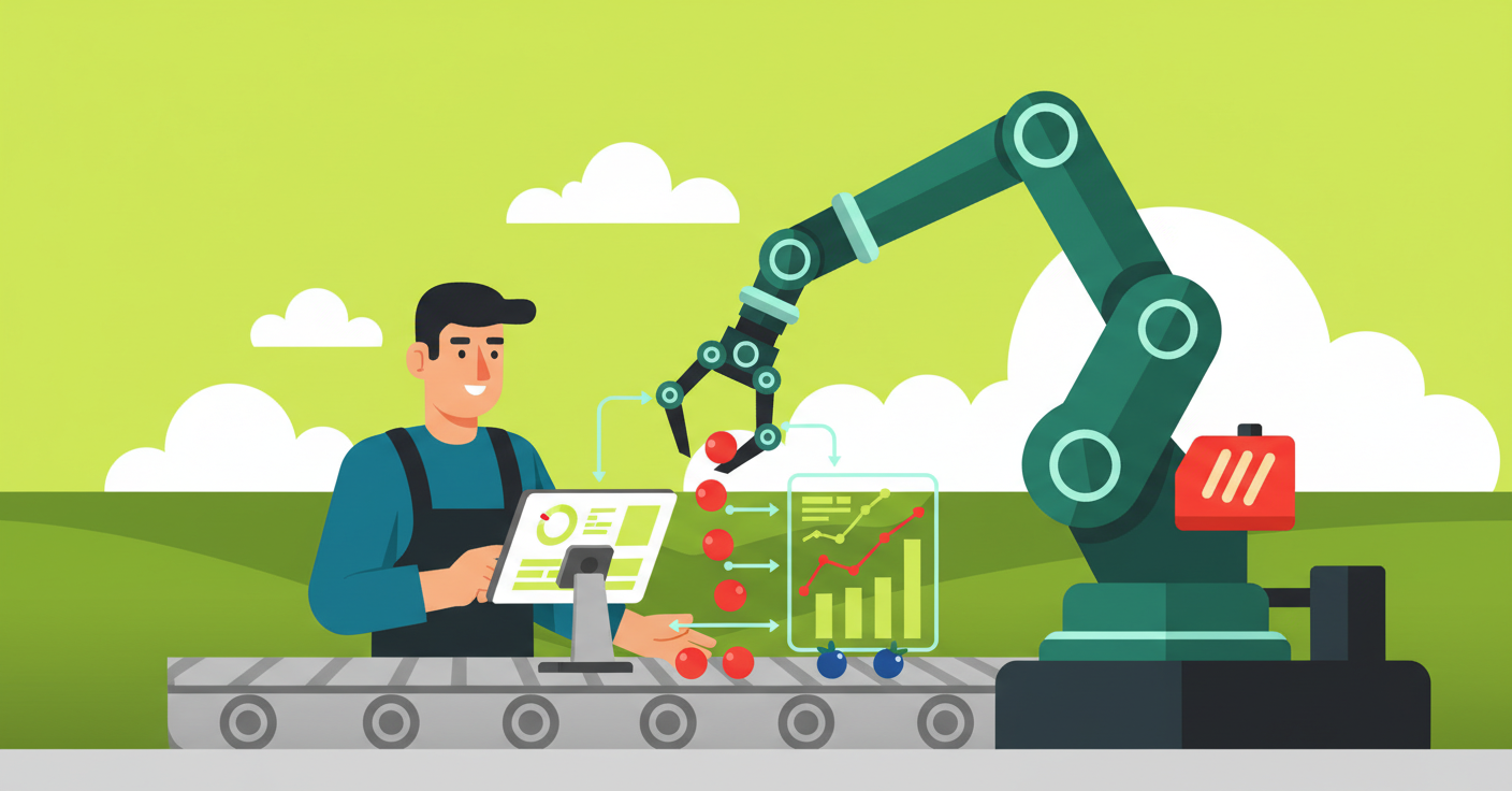 Flat Illustration: Automated Industrial Sorting fruit illustration industry 4.0 manufacturing outdoor robotics sorting vector