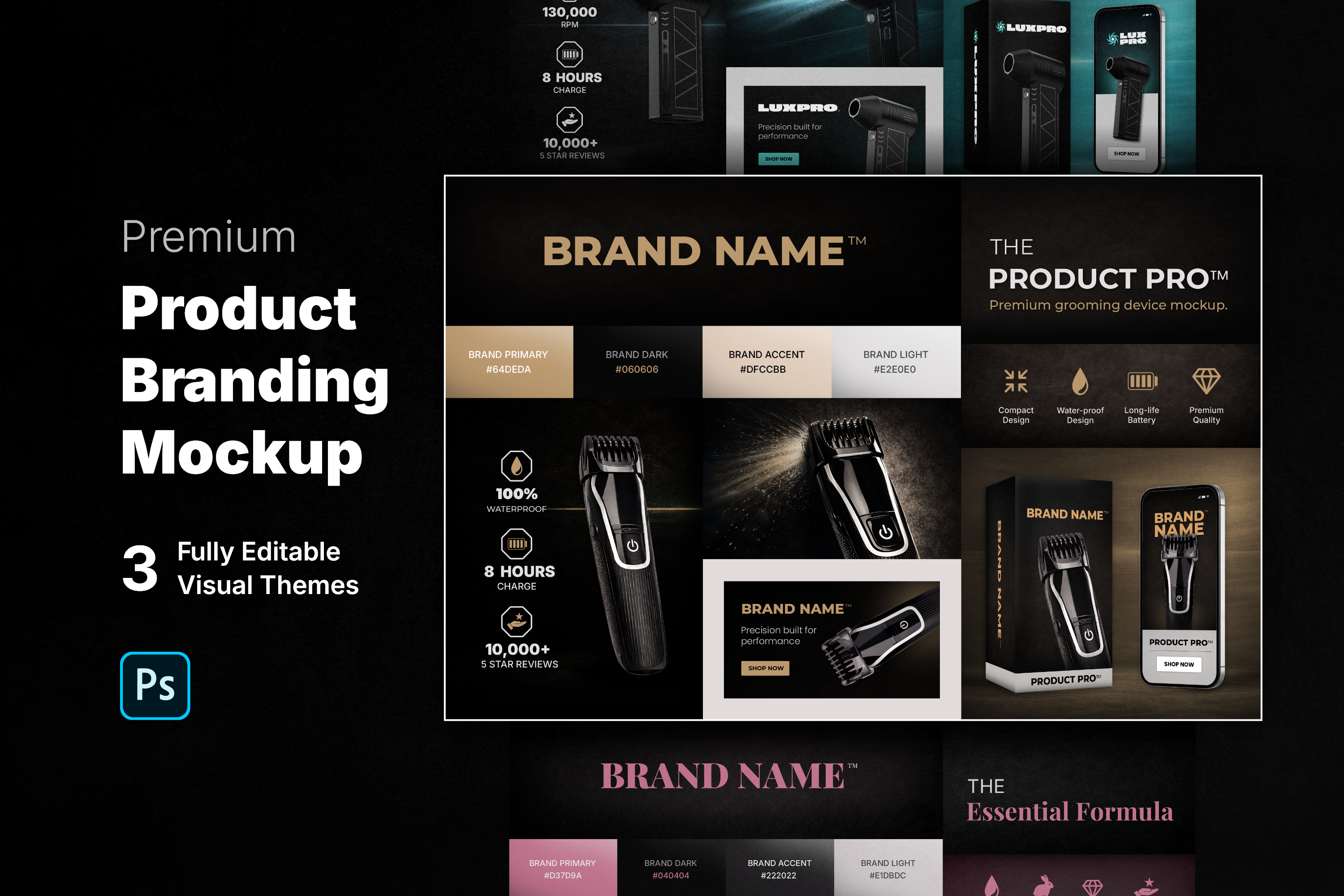 Premium Product Branding Mockup: 3 Visual Themes (Photoshop PSD) brand identity branding branding mockup design system graphic design marketing design mockup template photoshop mockup product branding product mockup product presentation psd mockup visual identity