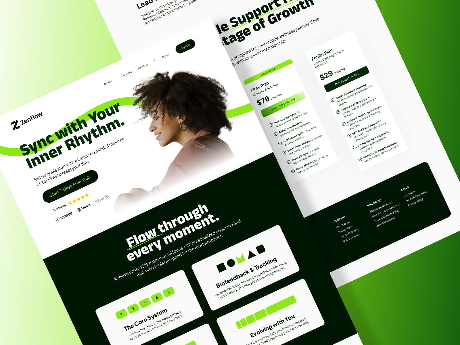 ZenFlow Wellness : Science-Backed Mental Health Saas ui website biofeedback inspired visuals data driven aesthetics dynamic visual system emotional resilience design flowing s curve pattern fluid identity concept geometric motion design gradient color transition harmony between tech and nature holistic design perspective intentional design language luminous color palette mindful creativity mindful design approach modern geometric design movement inspired graphics organic form meets technology tech inspired symbolism upward momentum symbol zenflow logo concept