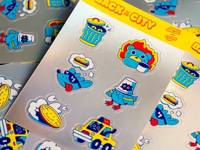 Back to the City: Part II bear cat cheeseburger coffee design fire flame graphic design icon illustration new york city nyc pigeon rat sticker sticker sheet stickers sun glasses taxi trash
