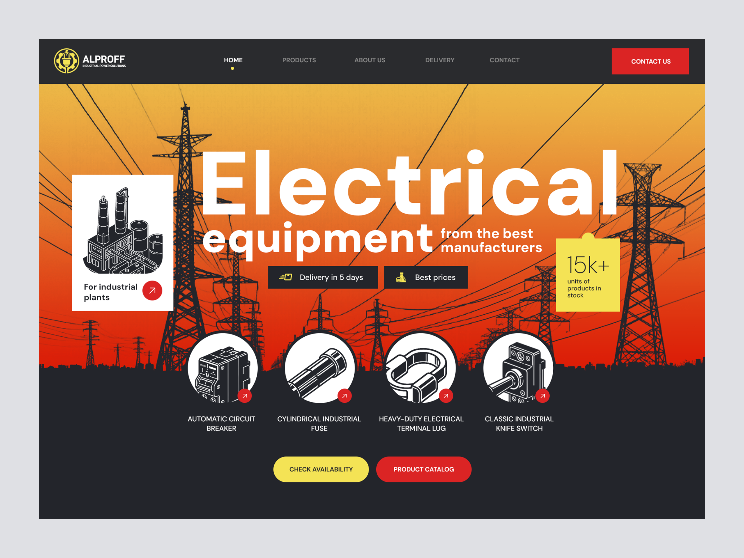 Electrical equipment homepage design b2b website bold typography business website catalog website corporate website electrical equipment energy industry high contrast ui homepage design industrial design industrial ui infrastructure design landing page manufacturing website modern web power grid product landing ui design web design web interface