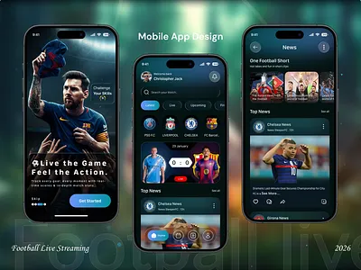 Football Live Streaming Mobile App app ui clean ui dark ui dashboard ui figma design football app football live ios live scores live streaming app match streaming mobile app design modern ui news app product design saas app sports app ui design ui inspiration ux design