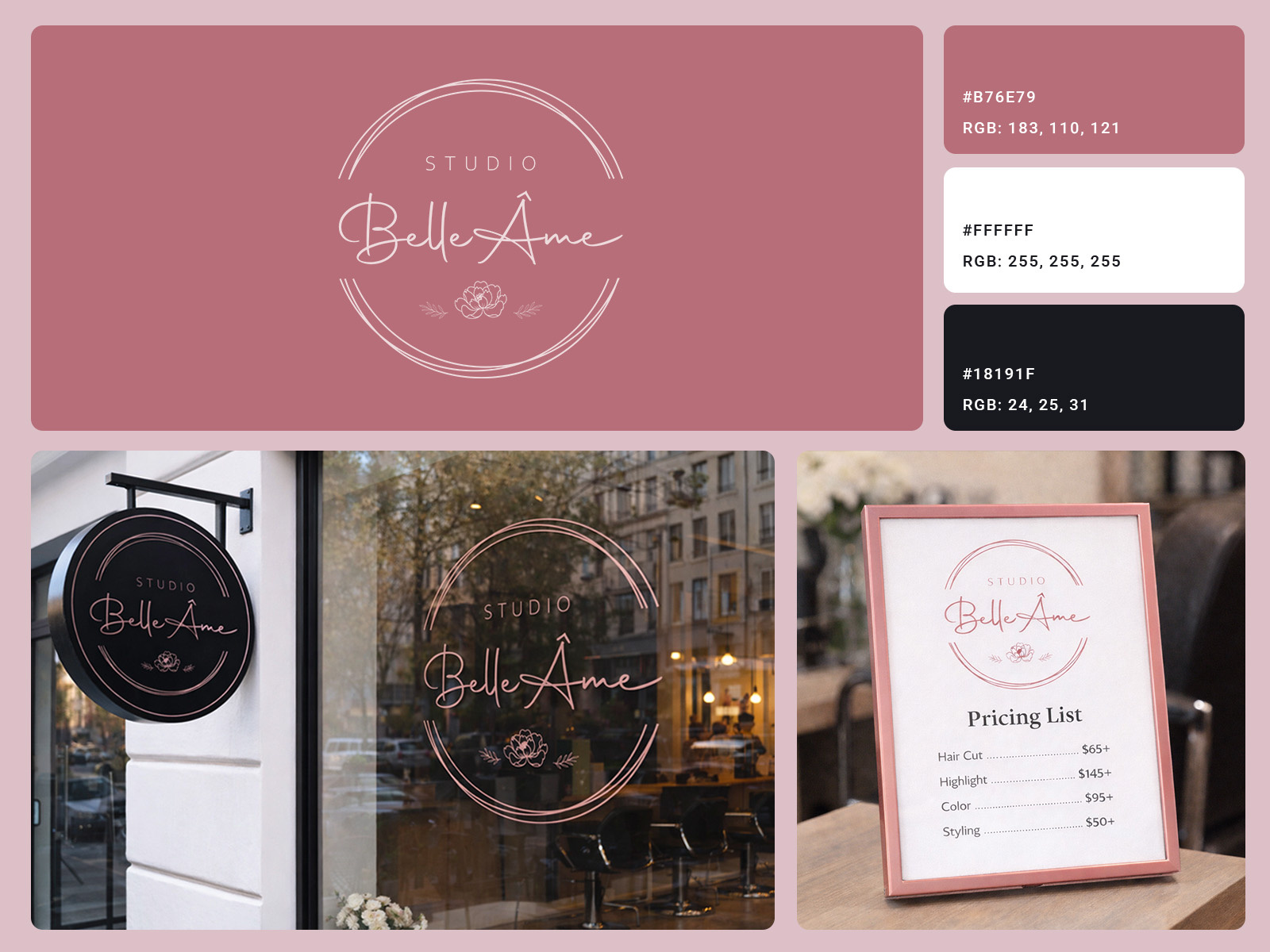 Studio Belle Âme — Salon Brand Identity beauty brand brand identity branding creative direction feminine design lifestyle branding logo design mockup design salon branding small business branding typography visual identity