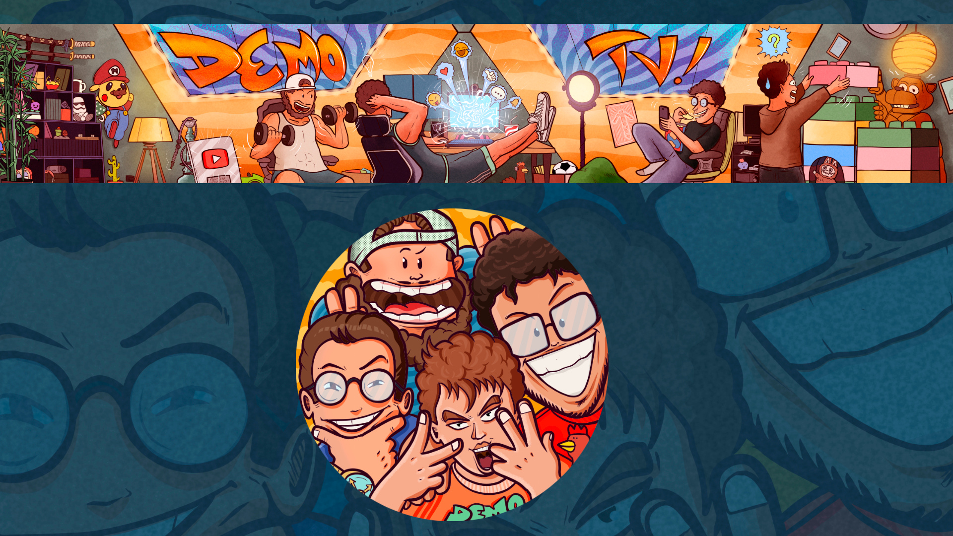 Banner and Profile picture for the youtube chanel "DEMO TV" art banner branding cartoon characters color pencil comic design draw dream fun illustration pfp scene streamer water ink youtube