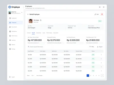 Employa — Employee Detail & Payroll Dashboard admin panel clean design dashboard design detail page employee data employee detail hr management human resources management minimalist payroll table ui uidesign uiux ux uxdesign web design website