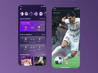 Football Club Mobile App Design - II app app design app ui card design football glass card glass effect gradient instagram mobile app purple soccer stories ui design