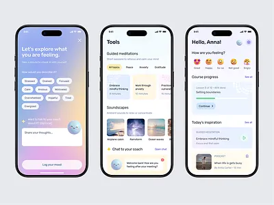 Mental health app concept adhd ai integration app ui autism cards courses emojis figma meditation mental health mental health app mindfulness pastel colors progress bar