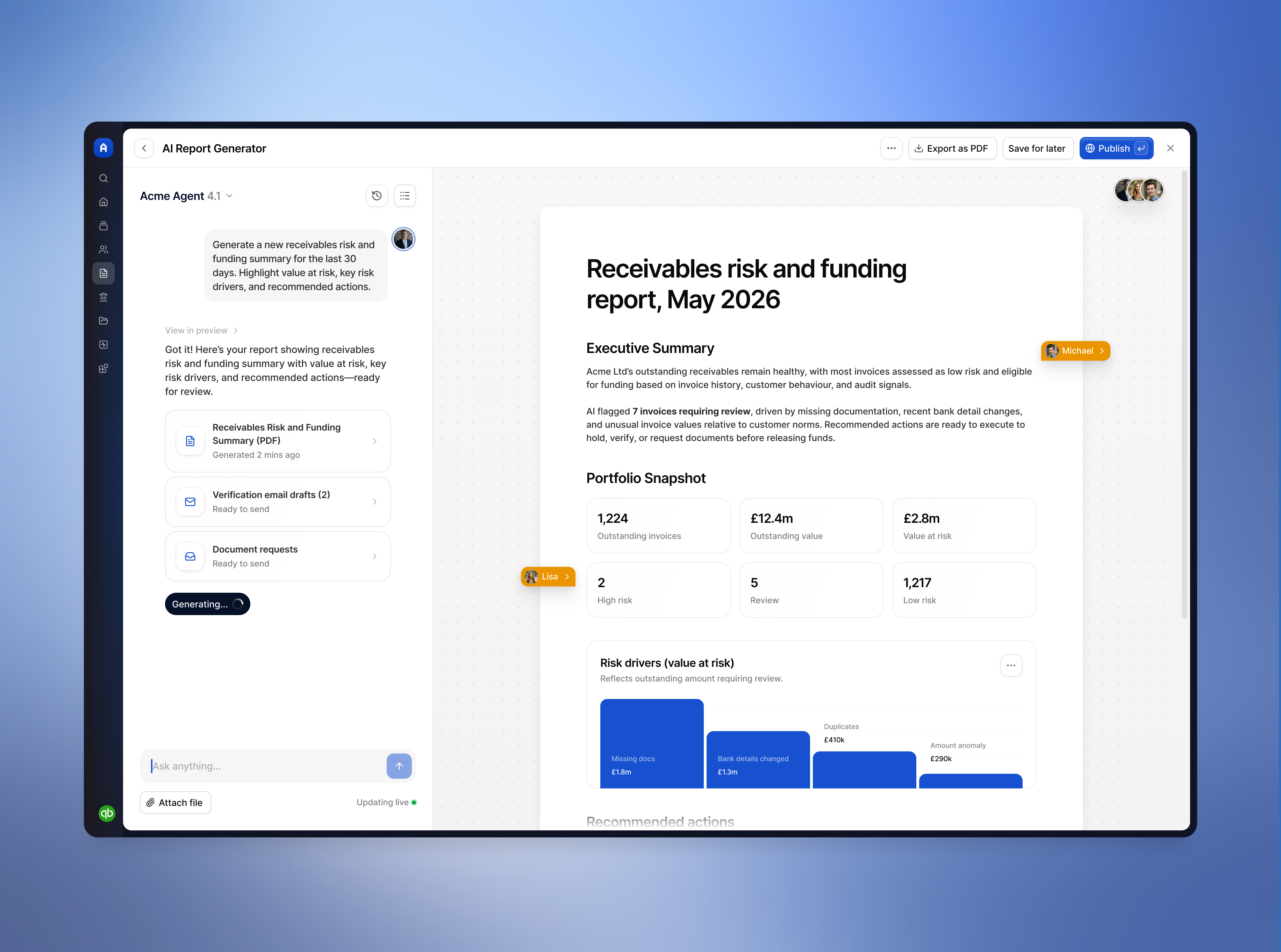 AI Report Generation Tool ai analytics automation b2b dashboard designsystem enterprise finance fintech productdesign report risk analysis saas ui ux workflow