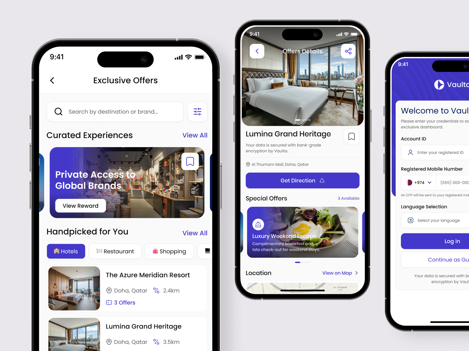 Vaulta Loyalty App — Login, Exclusive Offers & Offer Details booking app customer loyalty digital rewards exclusive rewards fintech hotel app loyalty experience membership rewards mobile app point perks product design reservation rewards app rewwards system tourism app travel app trip booking app ui ui design ux design