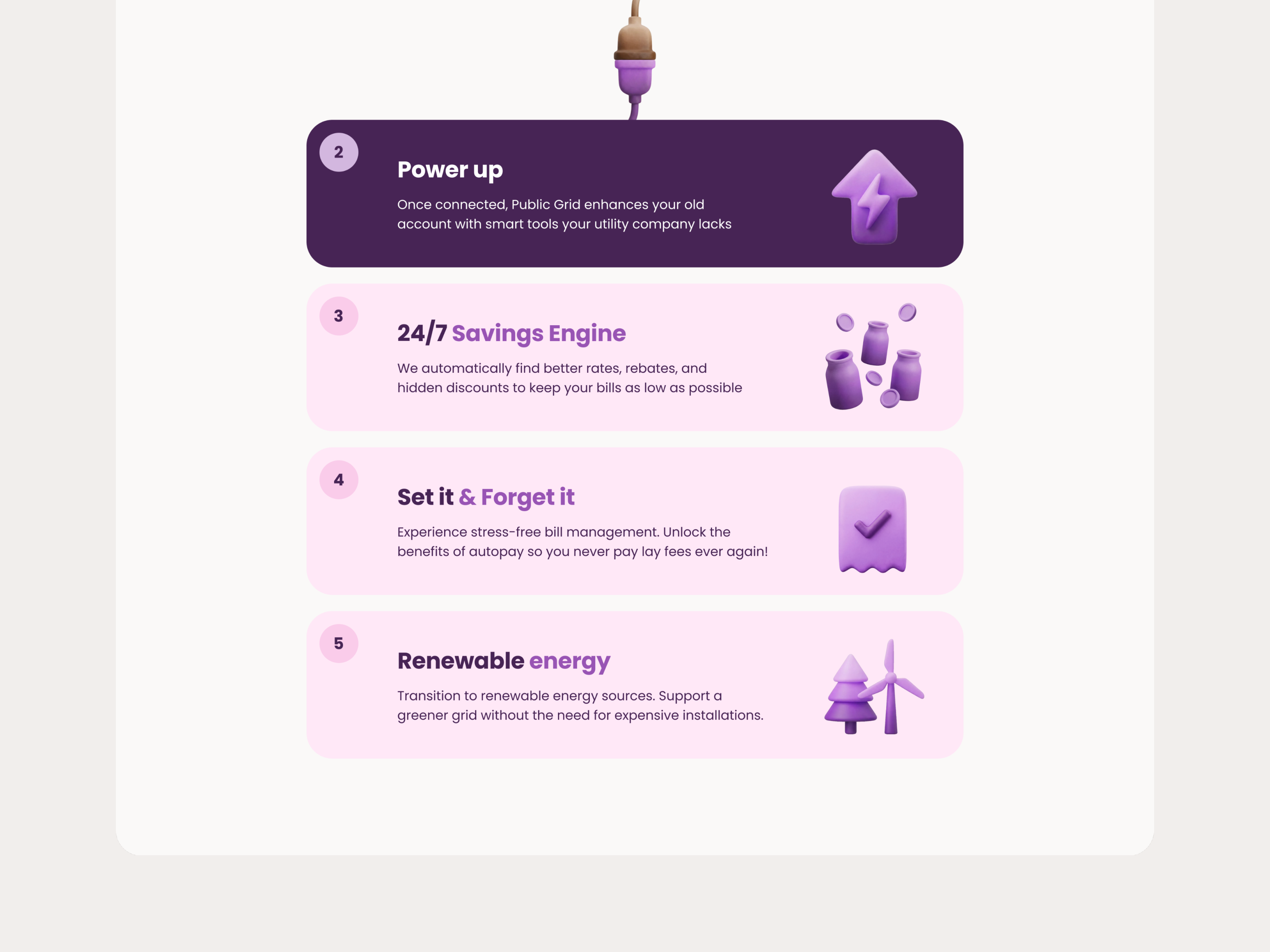 Public Grid Explorations ⚡️ - How it works section 3d icon 3d illustration bill billing clay clay icon clay illustration claymorphism energyapp explanation how it works illustration nanobanana onboarding process savings step by step stepper utilities utility