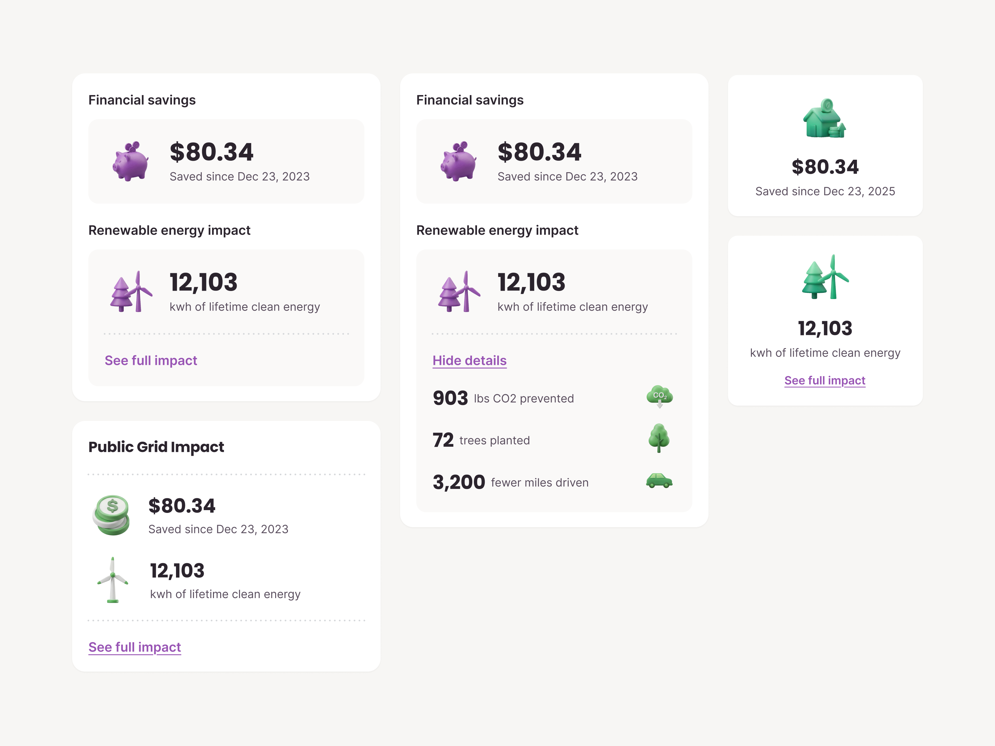 Purple or Green? 🎨 Explorations in Impact Tracking 3dicons breakdown card clay icon clay icon set claymorphism co2 dashboard energy savings environment financial impact impact tracking piggy bank renewable energy savings soft ui tracking utility utility bill