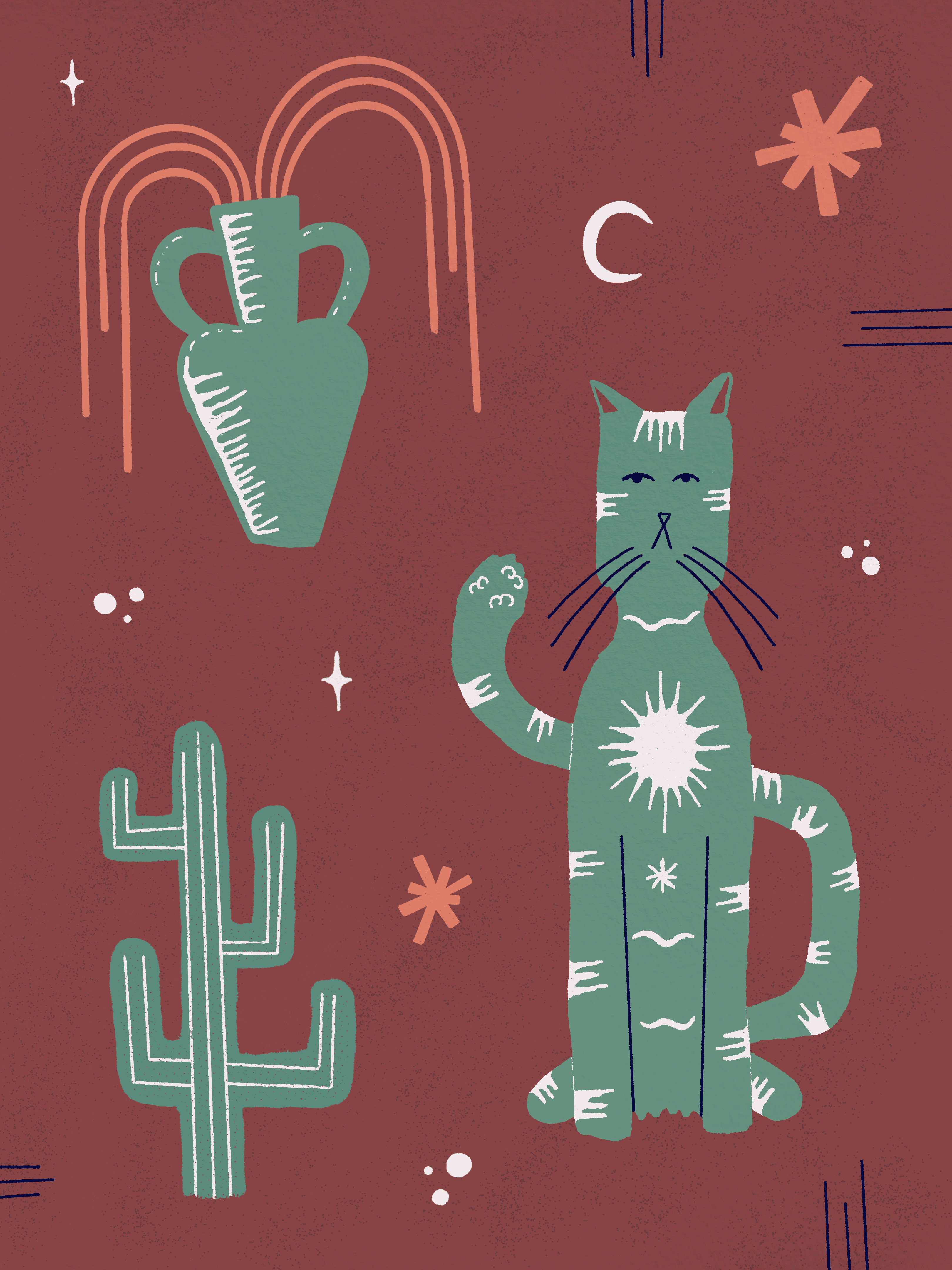 Cat Illustration / Procreate 2d illustration cactus cat illustration cats digital illustration editorial illustration graphic design hand drawn hand drawn illustration illustration illustrator magazine illustration moon pink procreate red spot illustration stars trend vase