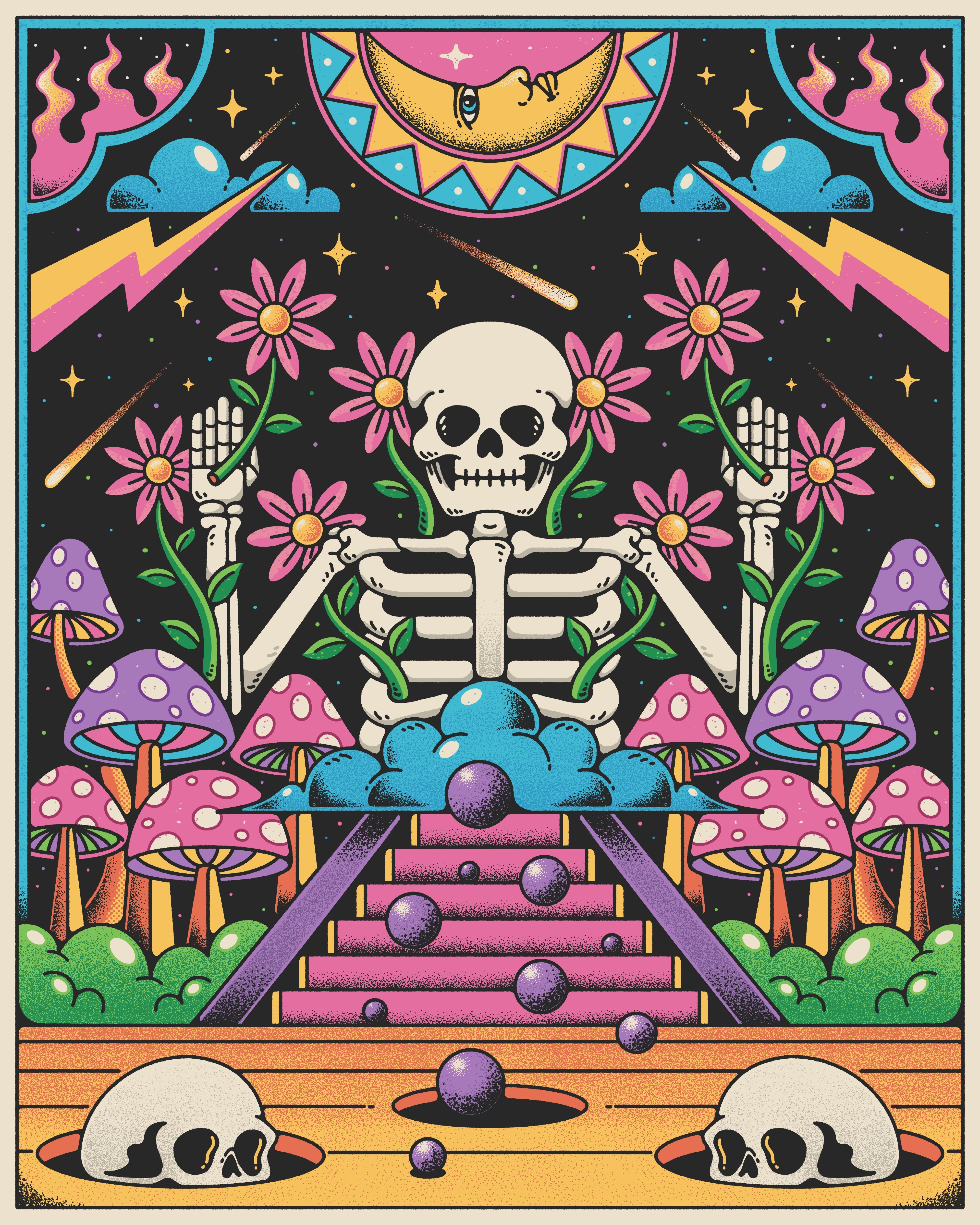 In Bloom branding colorful cover album graphic design illustration merch design mushrooms music cover poster psychedelic rulsky skull art space surrealism tees design visionary art