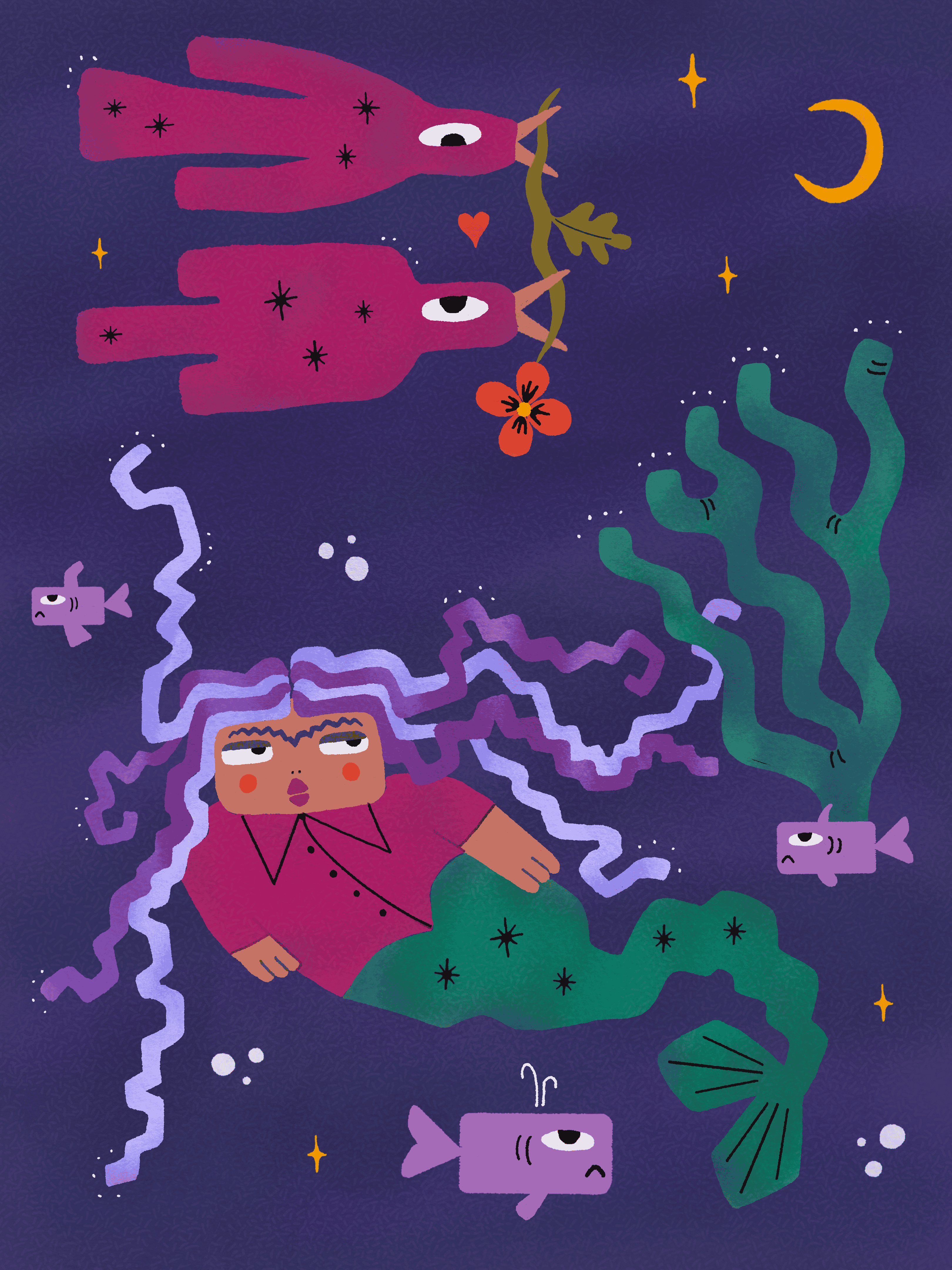 Digital Illustration - Procreate birds bubbles coral digital illustration fantasy fish graphic design illustration lovebirds mermaid moon night sky ocean pink procreate purple save the ocean seaweed stars whimsical
