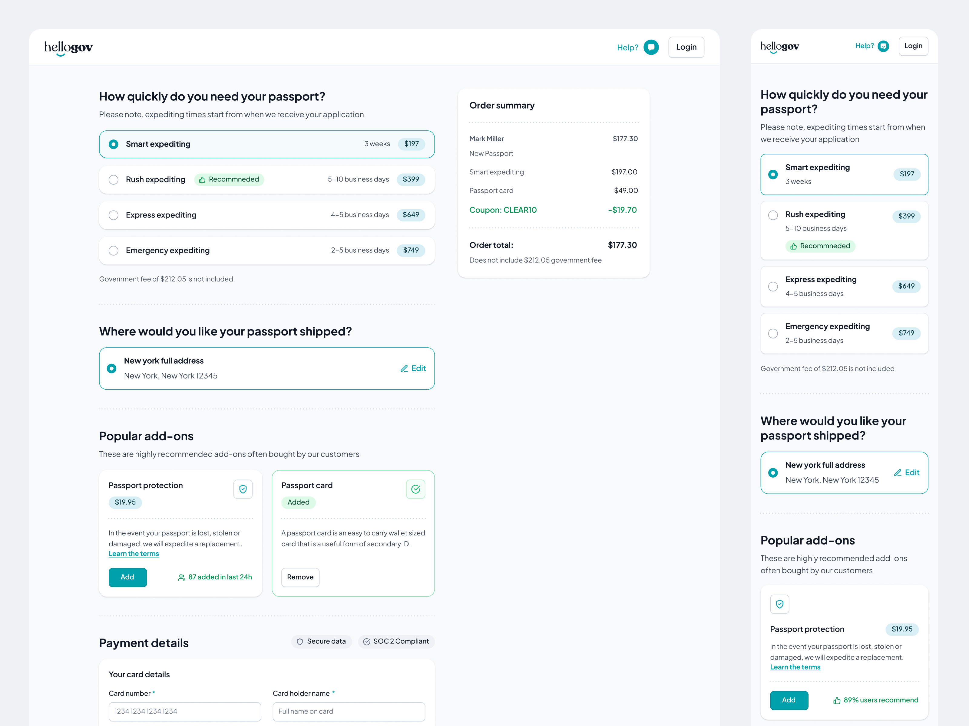 HelloGov.com checkout flow add on checkout crm desktop checkout dhl ecommerce egov government hellogov mobile checkout passport radio select shipment shipping shopping track shipping ups upsell