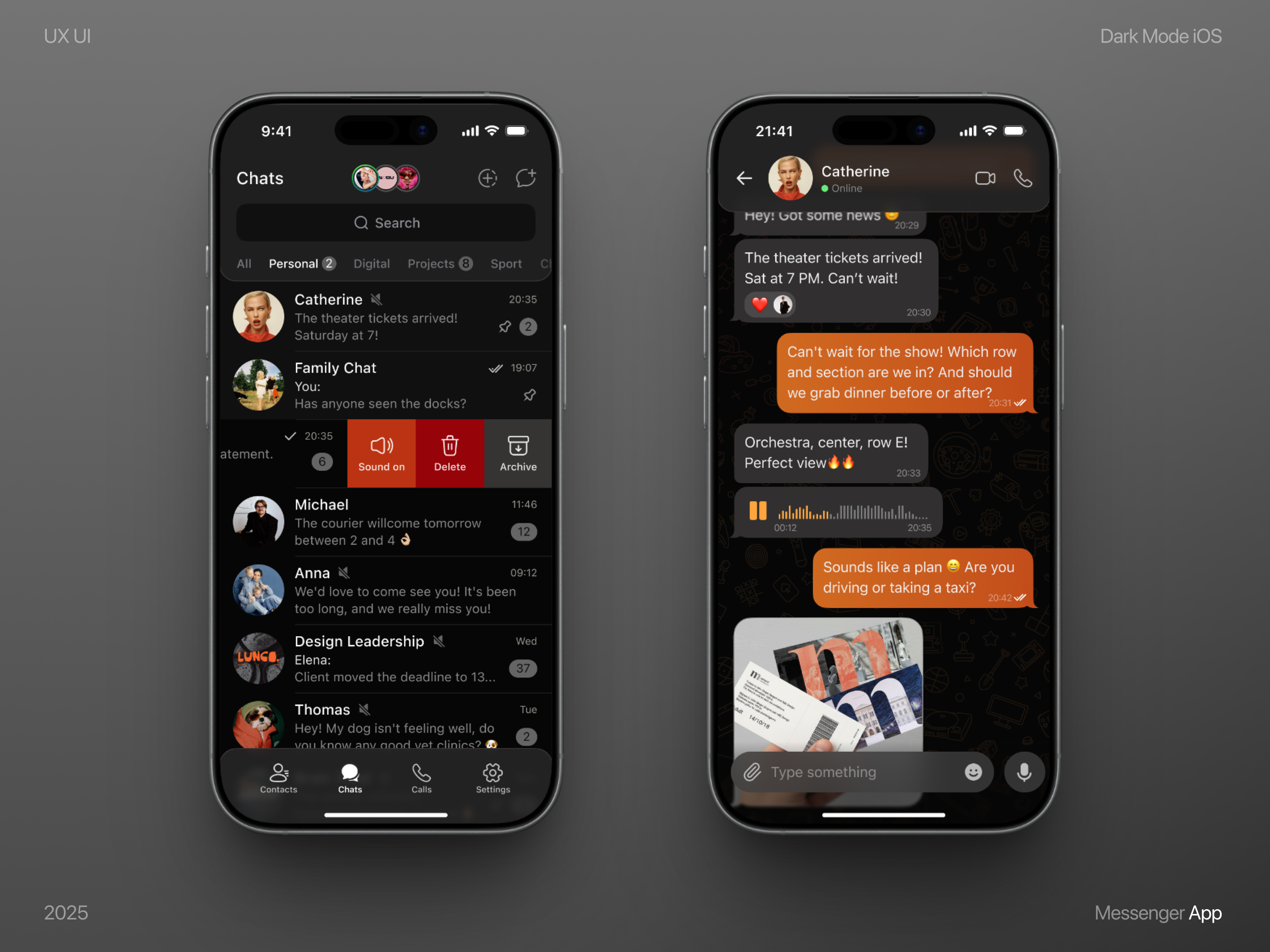 iOS Messenger App – Dark Mode UI chat app chat screen clean design conversation dark mode ios main screen messaging minimal mobile modern navigation orange accent product designer swipe actions ui ux visual hierarchy
