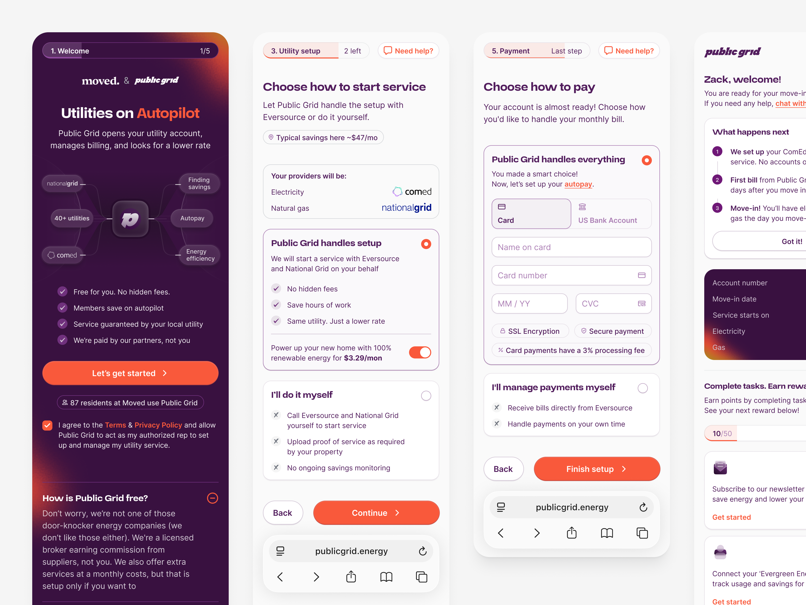 Utility Onboarding: Unused Explorations ai banking card details checkout flow hero screen intro screen mobile onboarding onboarding progress progress bar setting up setup splash screen step by step stripe utility utility setup