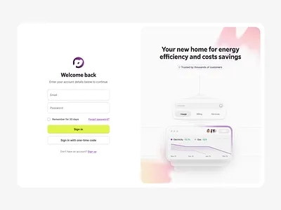 Login screen (exploration draft) account registration ai bento illustration billing consumption efficiency electricity form hero log in login onboarding register sign up signup splash screen tracking usage utility utility consumption