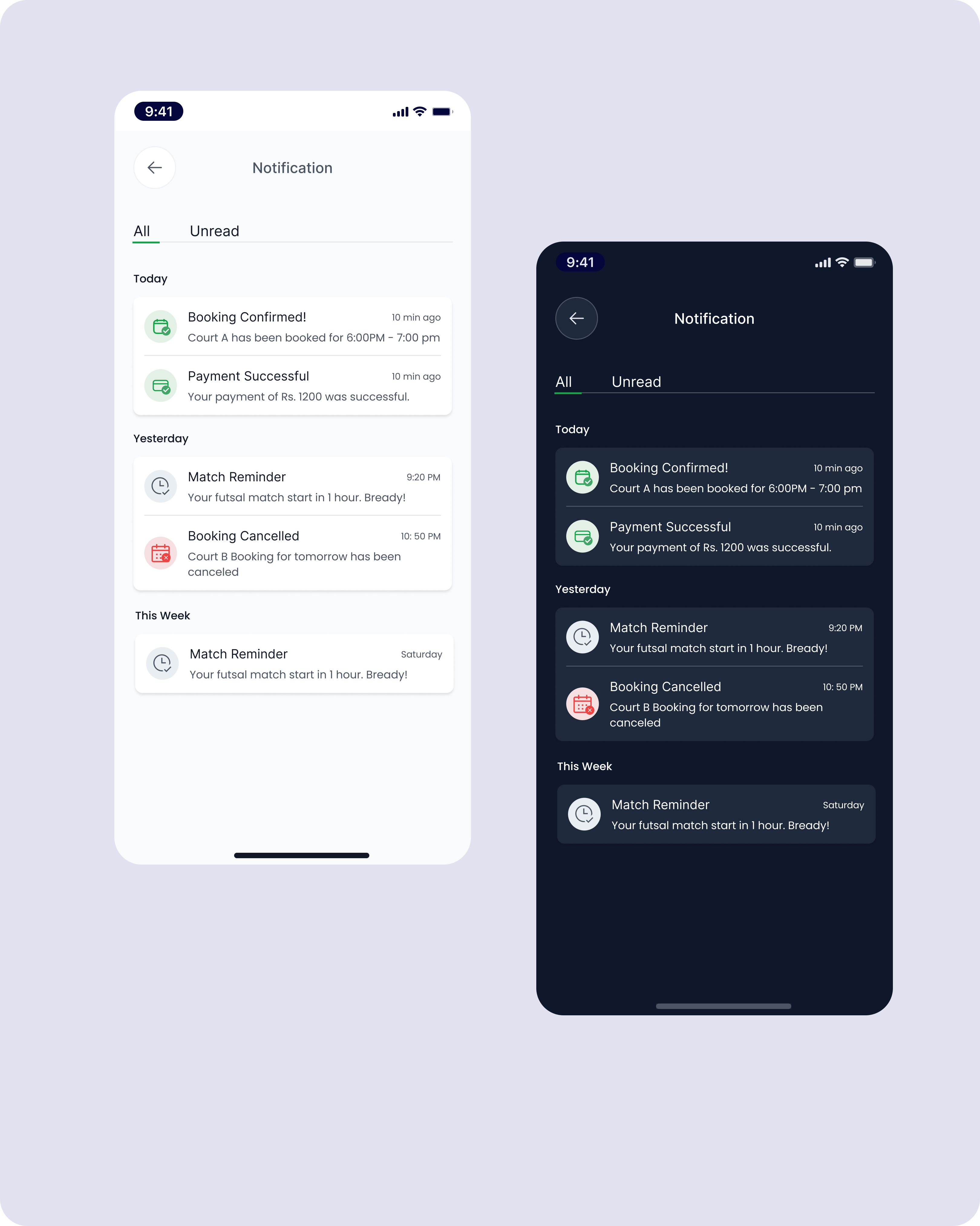 Notification Center UI Design (Light & Dark) darkmode dribbble figma lightmode mobileappdesign notificationui uidesign uiux uxdesign