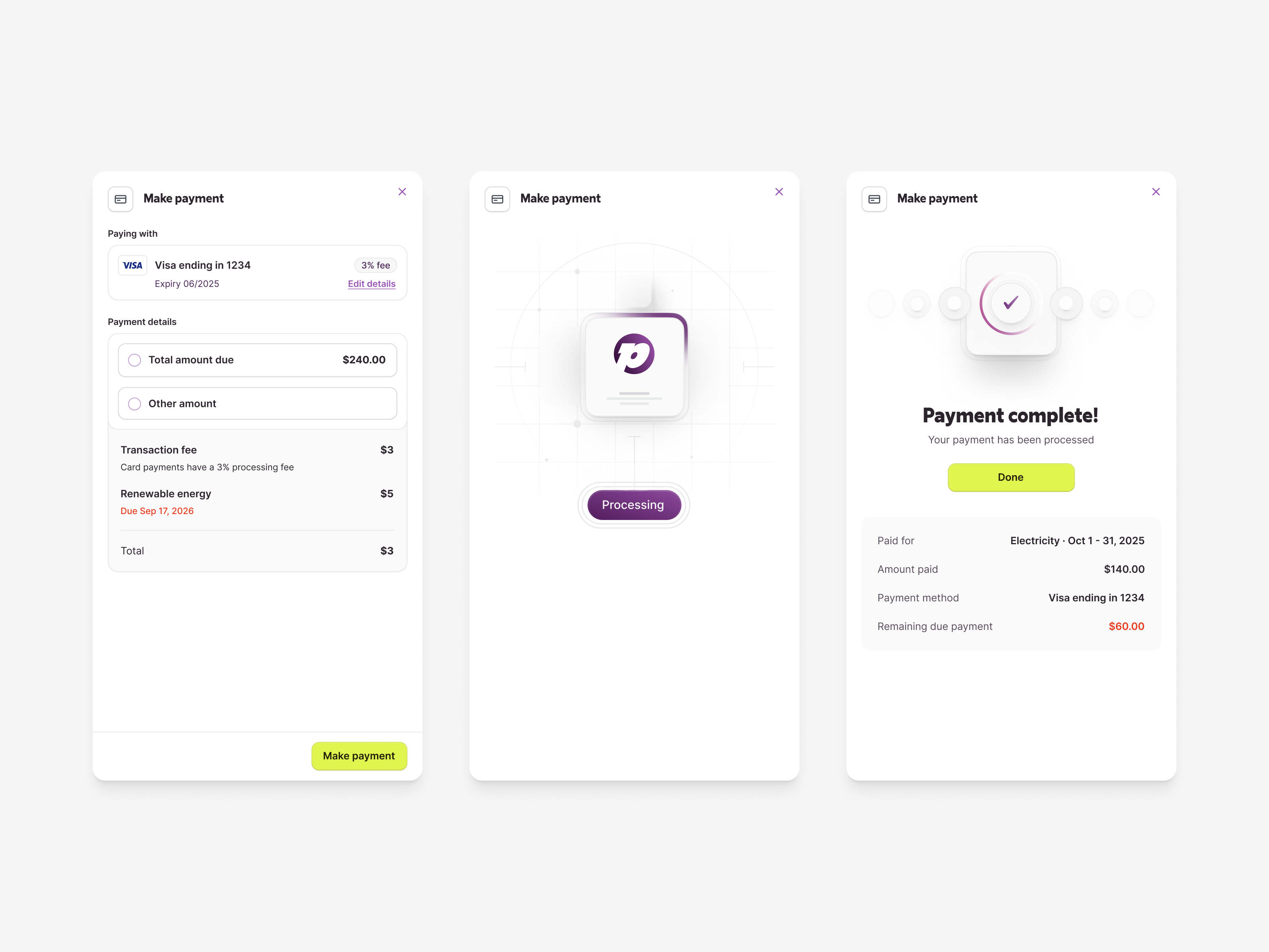 Make payment process ai amount due card details checkout confirmation confirmation screen finance financial paid pay payment payment details payment method purchase purchase complete select amount stripe