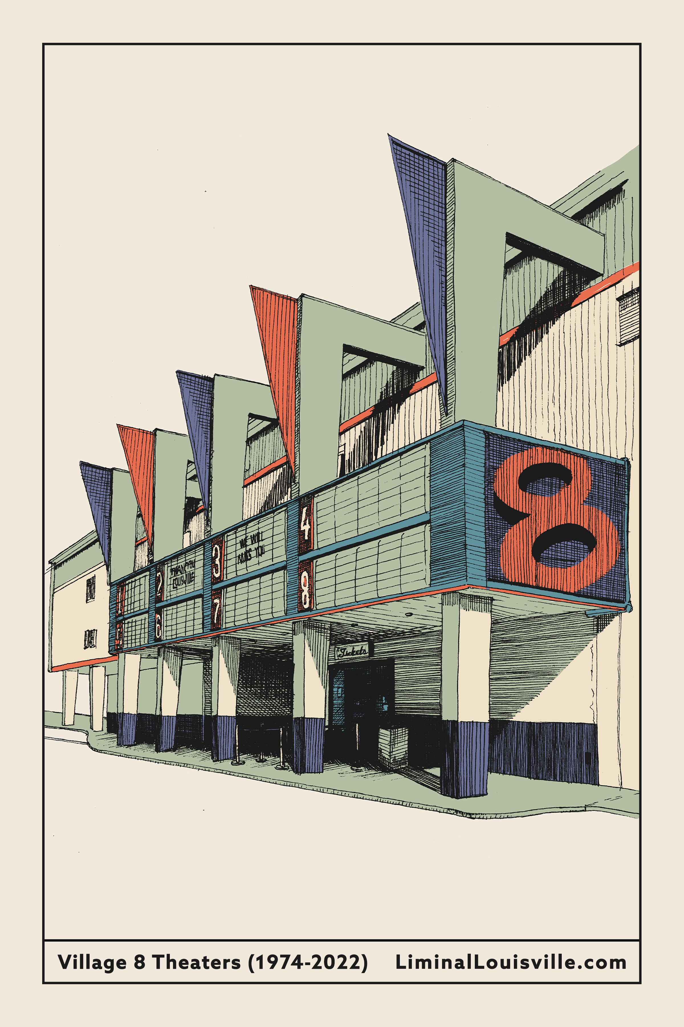 Village 8 Theaters Illustrated Postcard