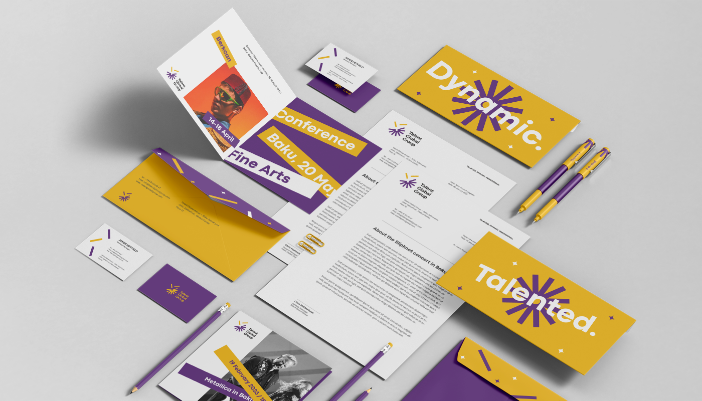 Talent Global Group - Logo & Visual Brand Identity branding concert creative entertainment event geometric graphic design logo minimalist modern purple yellow
