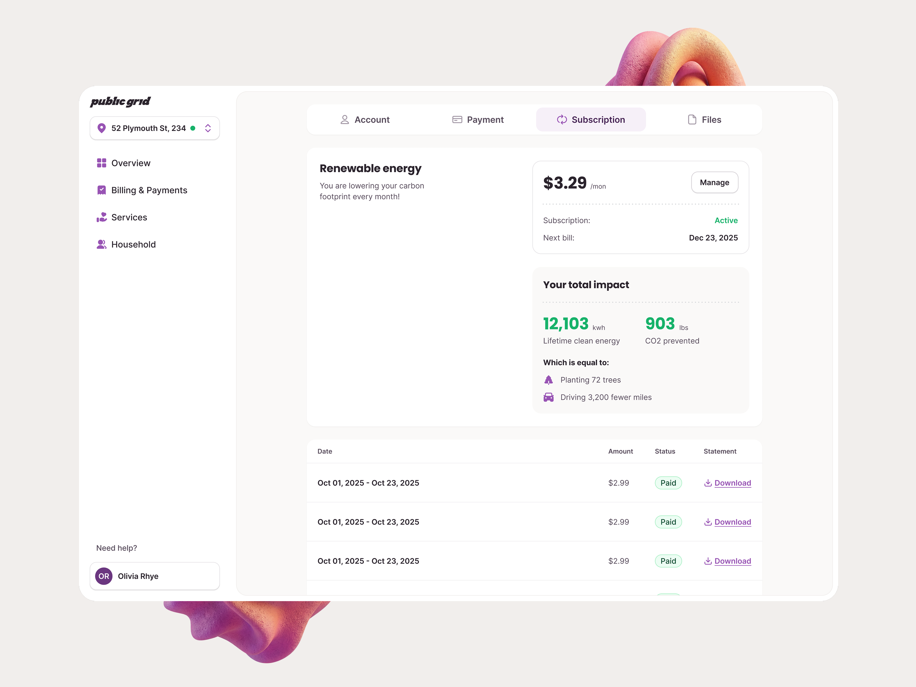 Renewable energy subscription and impact automation billing c02 crm green energy impact impact tracking monthly payment payment history recurring renewable renewable energy sidebar stripe subscribe subscription subscription management table tracking utility