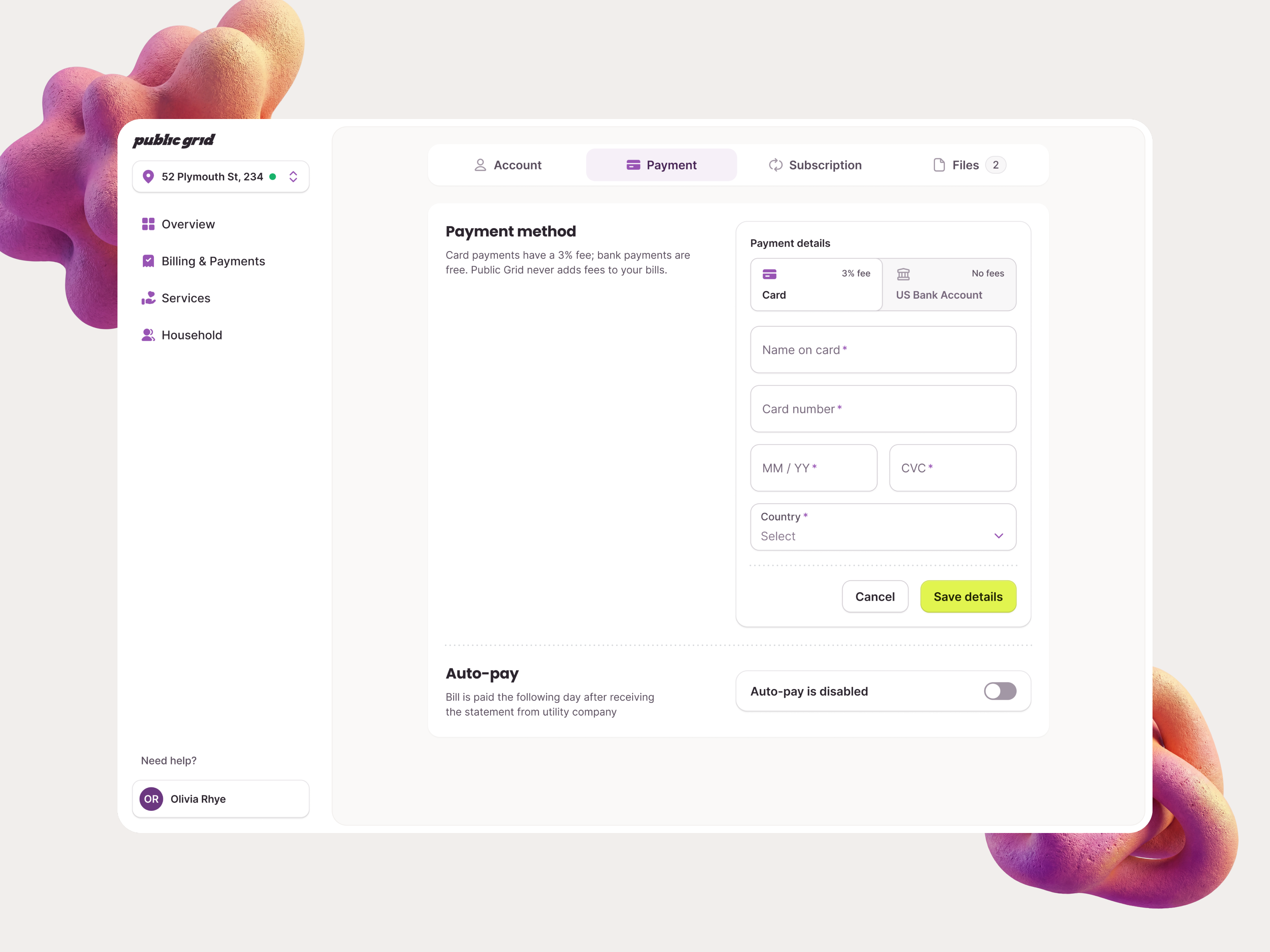 Payment method & Autopay ai autopay autopayment bill bills checkout finance financial history invoice history pay payment payment details payment method payments stripe transaction utility