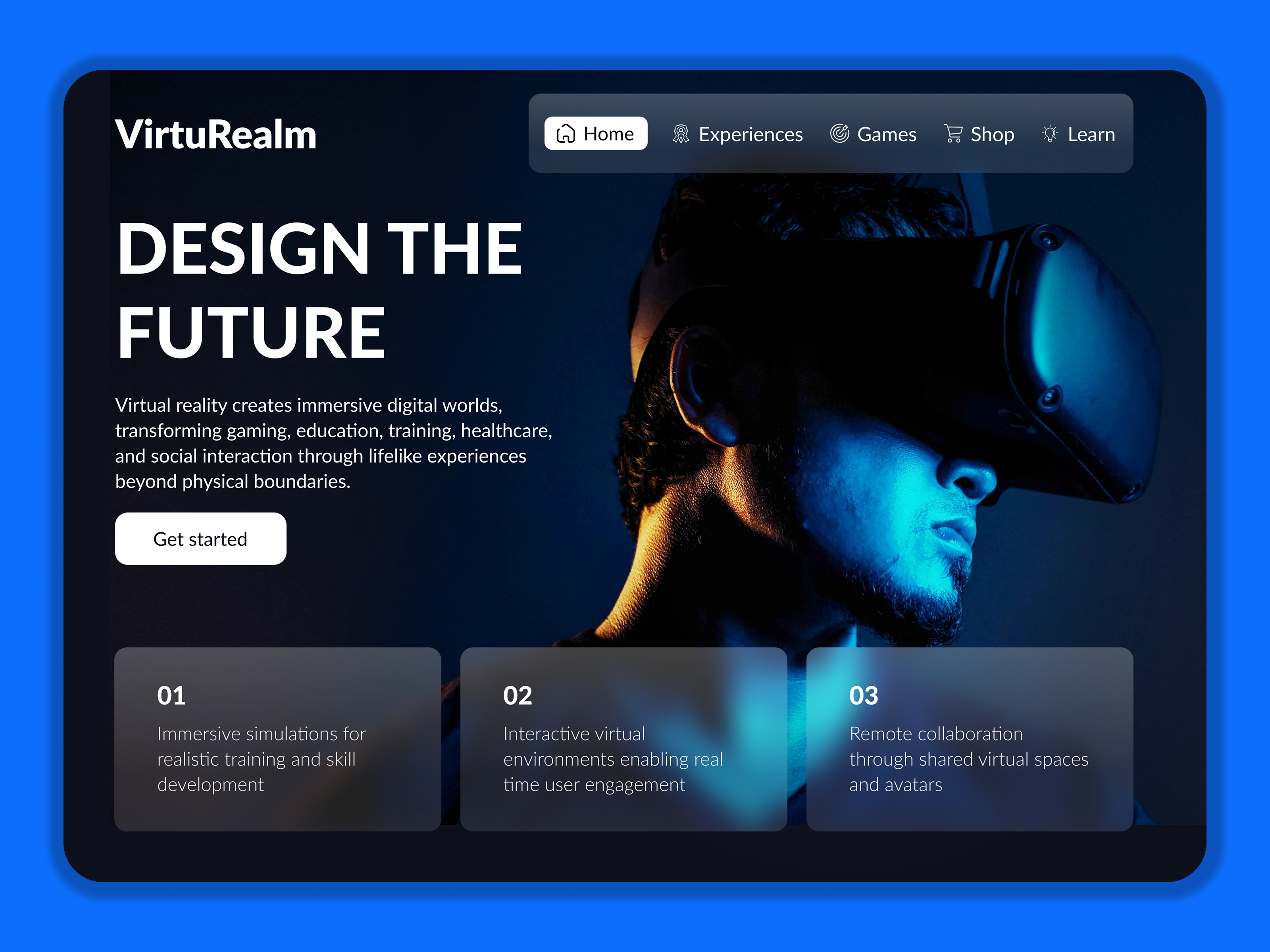 Modern VR Website UI — Immersive Experiences & Digital Worlds 3dweb creativeui designinspiration digitalexperience dribbble figmadesign futuristicui immersivedesign innovation landingpage modernweb productdesign startupdesign techwebsite uidesign uxdesign uxui virtualreality vrdesign webdesign