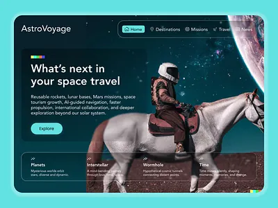 Space Travel Landing Page UI — Futuristic Exploration creativeui designinspiration digitalexperience dribbble explorationui figmadesign futuristicui innovationdesign landingpage modernweb productdesign sciencedesign spacetravel spaceui startupdesign techwebsite uidesign uxdesign uxui webdesign