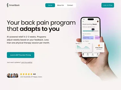 SmartBack — AI Health & Fitness App Landing Page & Mobile UI android app app design brand identity figma fitness app health app healthcare ui ios app landing page design logo design mobile app design motion design mvp design nextjs product design startup design ui design ux design web design wellness app