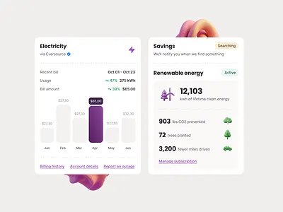 Electricity usage and savings bar chart bill bill usage carbon footprint chart co2 comparison connection crm electricity usage integration invoice power efficiency renewable energy savings settings usage utility utility usage