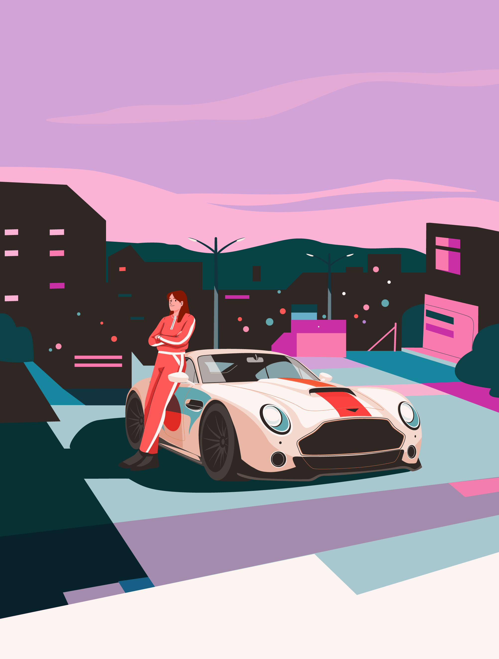 Aston Martin aston car character city graphic illustration martin pastel people vector woman