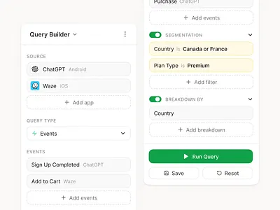 Query builder - Countly UI analytics builder button dropdown filter filtering form input minimal modal nav panel query segmentation sidepanel toggle ui ux