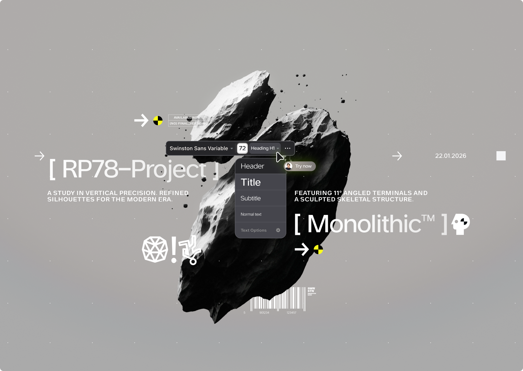 [ Monolithic™ ] Stress-Tested Typography w/Swinston Sans branding brutalist clean design font graphic design illustration industrial inspiration interface logo monolithic sans serif swinston sans typeface design typography ui ux variable font