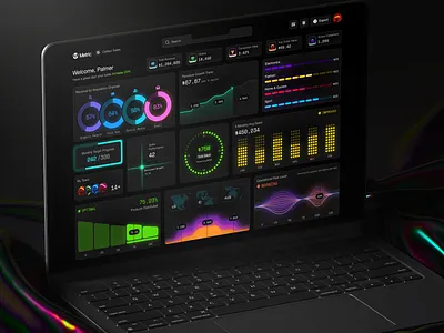 Metric ⎻ AI Sales Analytics Dashboard ai product analytics callour chart chart widget crm dark ui dashboard data analytics data visualization enterprise futuristic glow ui modern ui product design revenue dashboard revenue tracking saas sales analytics ui