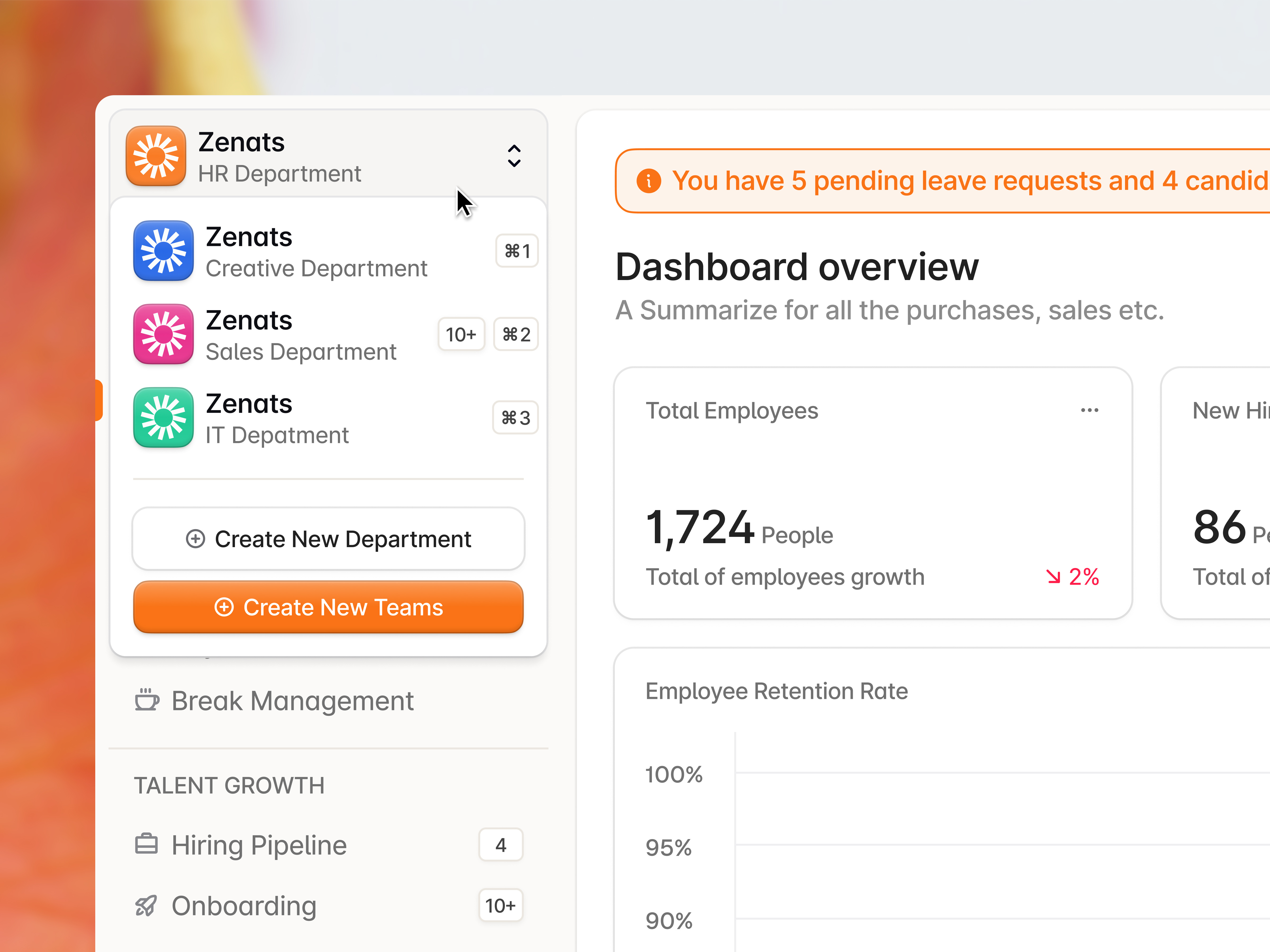 Zenats - HR Management Change or Create New Department/Teams active state admin panel button context menu dashboard dropdown human resources interaction menu navigation popover product design saas sidebar team management team switcher ui ui components ux workspace