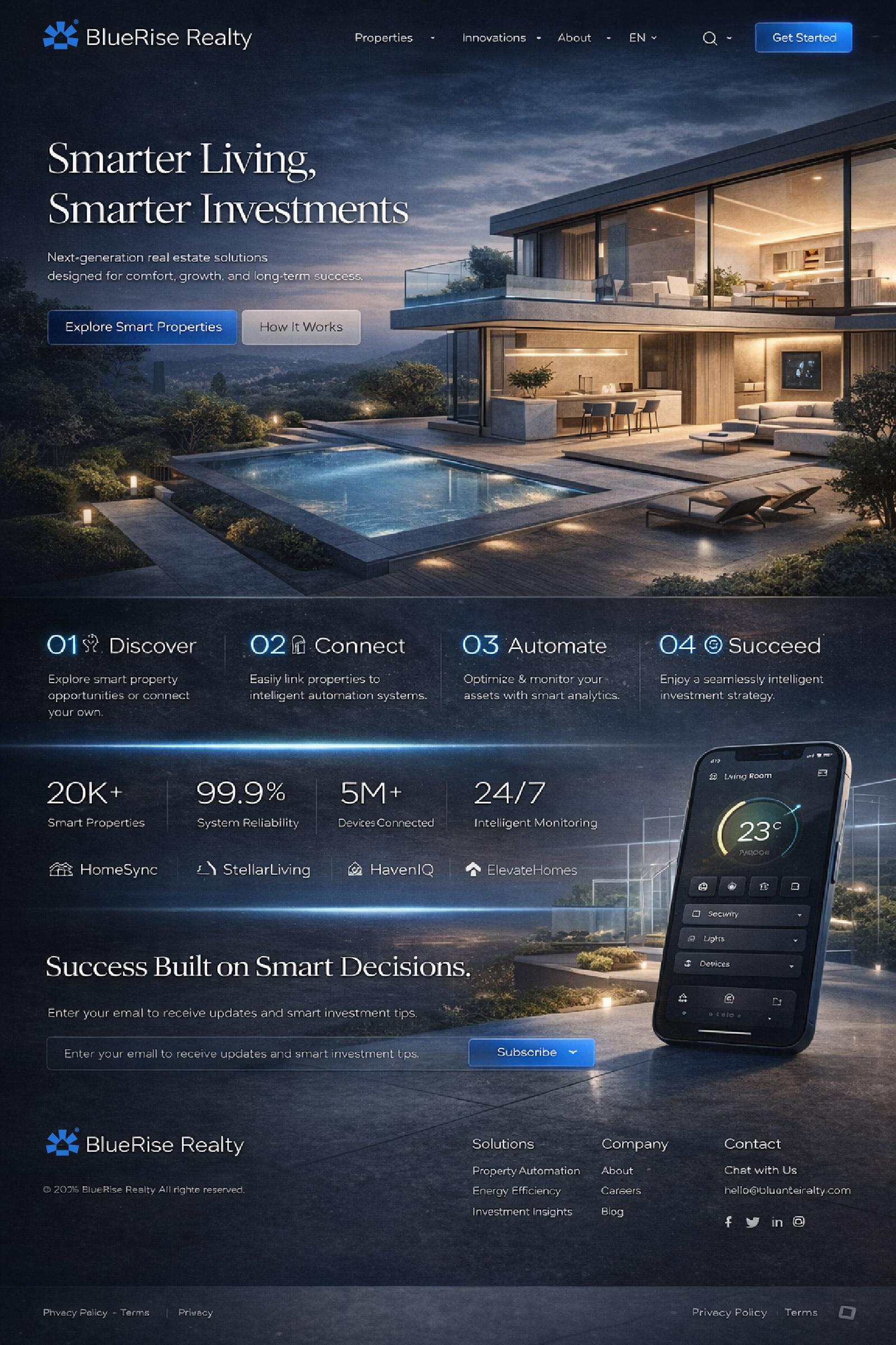 proptech, property, real estate technology website design 3d design 3d web design asrafuluix bluerise branding bluerise logo digital product design modern design property landing page real estate website smart home design topwork topwork agency ui ui ux ux web design website design