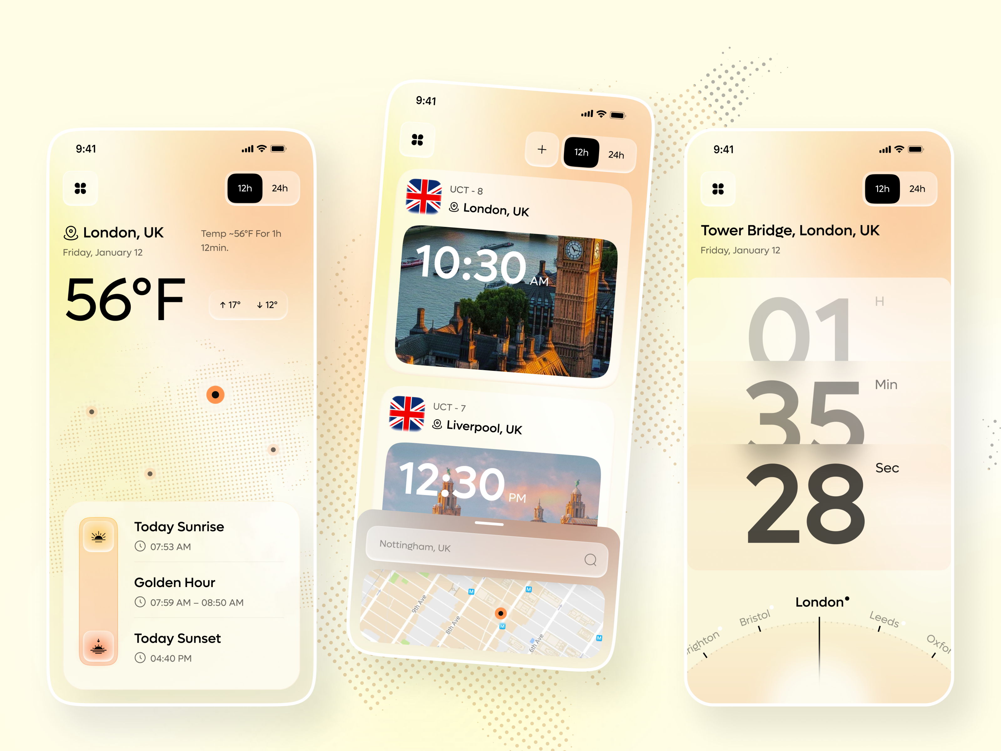 Weather & World Time App UI app design city time city weather clock app daily weather forecast global cities global time gmt international time local time mobile mobile app temperature time difference time tracker time zone utc weather app world time