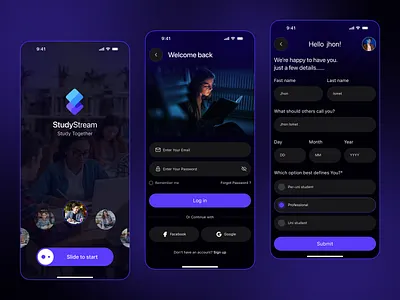 Splash Screen-Onboarding- Login & Register -Online Study App app design dark ui design e learning education app ios learning app login login screen mobile app mobile ui modern ui onboarding ui onboding online learning splash screen student app study app ui design ux design