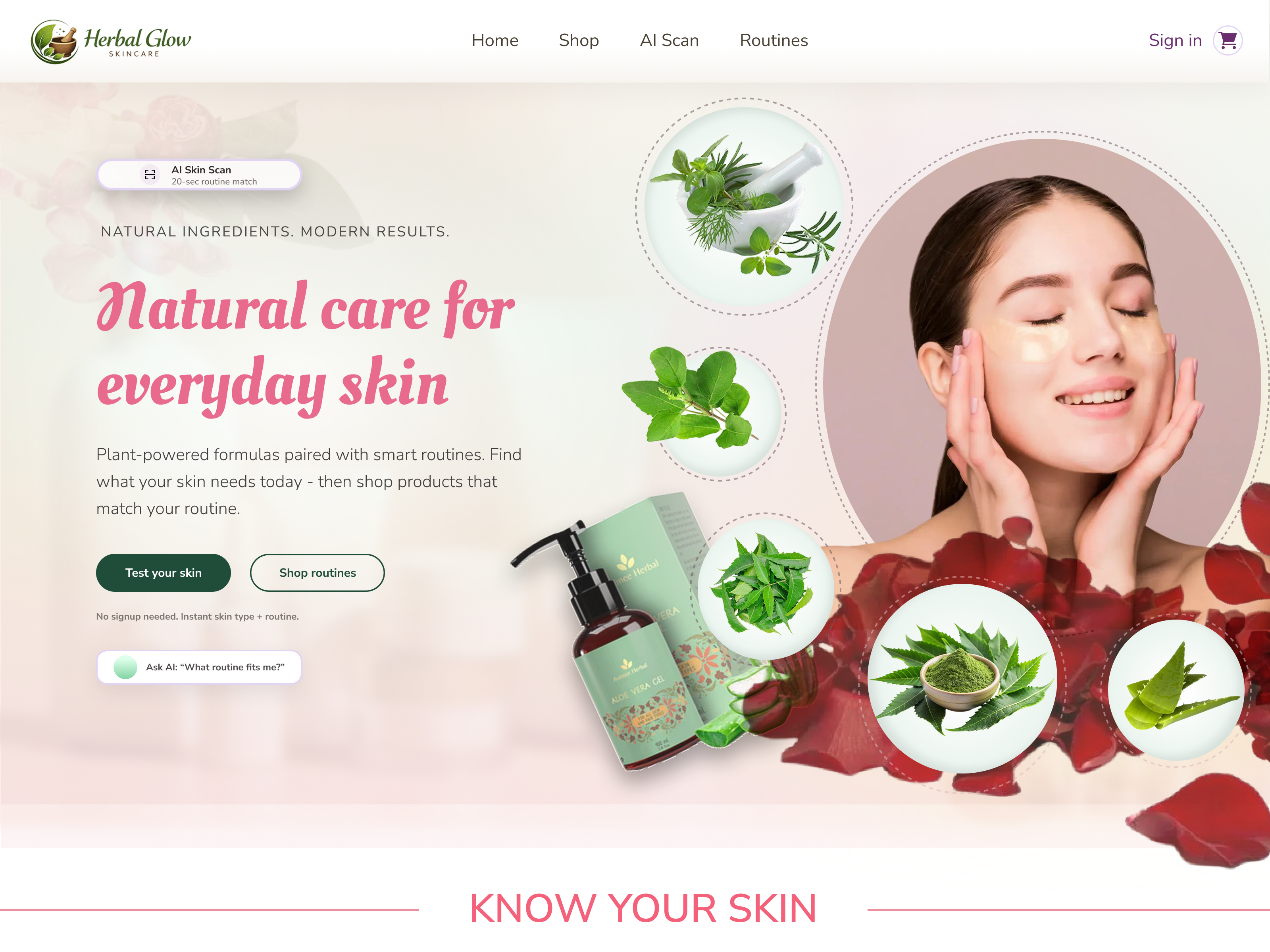 Herbal Skincare Website with AI Skin Scan | Natural Beauty UI ai ui beauty website clean ui ecommerce ui herbal landing page design product design skincare ui ui design ux design web design