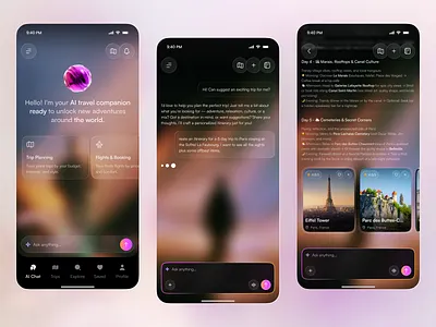 AI Travel Planner App UI — Smart Itineraries & Trip Assistant ai ai app ai assistant ai travel app app design design glassmorphism ios itineraries mobile mobile app product design startup app travel travel app travel ui trip assistant trip planner ui