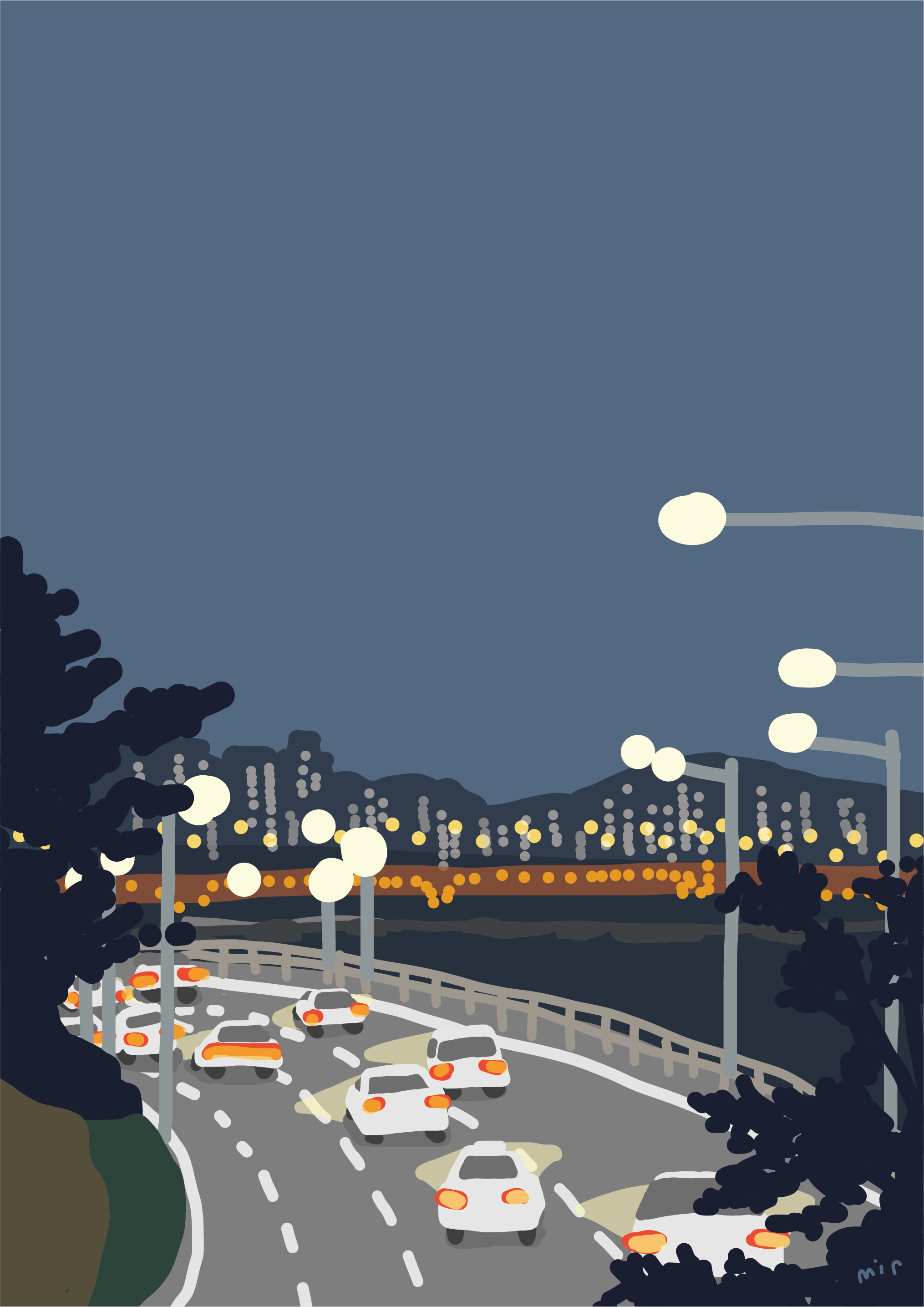 Moments of Light: City & Nature bridge cars city view flat design fountain illustration landscape light minimal nature night life scenic shadow travel trees vector art water