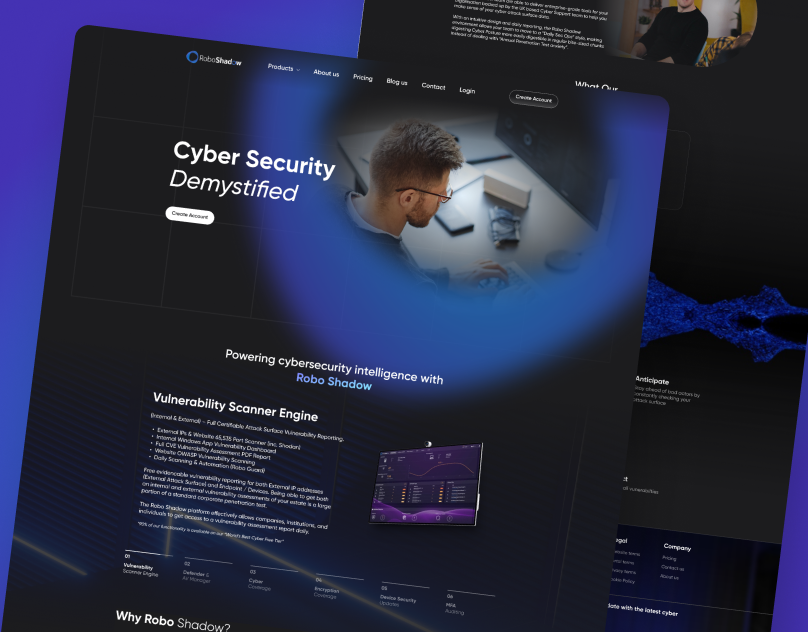 Robo Shadow | Cybersecurity Web Design app branding cybersecurity website dark ui design graphic design illustration landing page design logo responsive web design saas website tech web design typography ui ui ux design user experience user interface ux vector web design