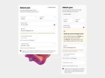 Heads up and "You have an account" state alert edge case empty state error state form heads up input field notice notification notify notify user onboarding onboarding error progress sign up sms step by step tracker user notification